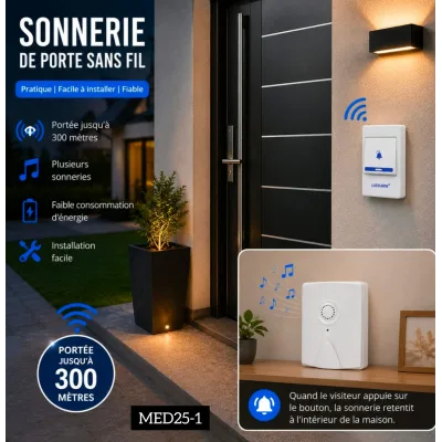 Sonnette de Porte Sans Fil 300 m – Carillon Intelligent Longue Portée | Top Déco Tunisie