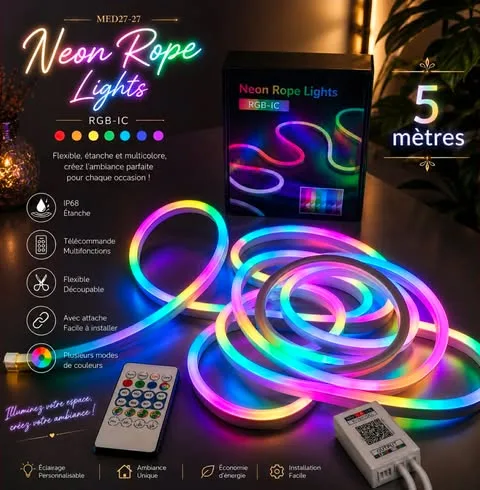 Ruban Néon LED RGB IC 5 Mètres – Neon Rope Light Multicolore