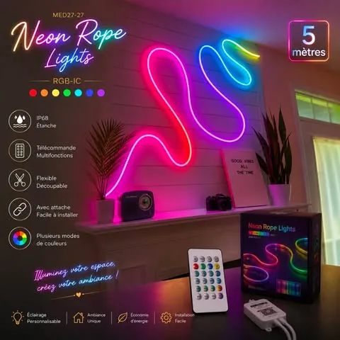 Ruban Néon LED RGB IC 5 Mètres – Neon Rope Light Multicolore
