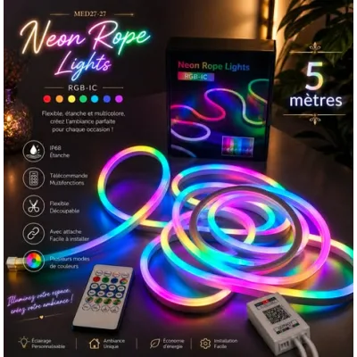 Ruban Néon LED RGB IC 5 Mètres – Neon Rope Light Multicolore | Top Déco Tunisie