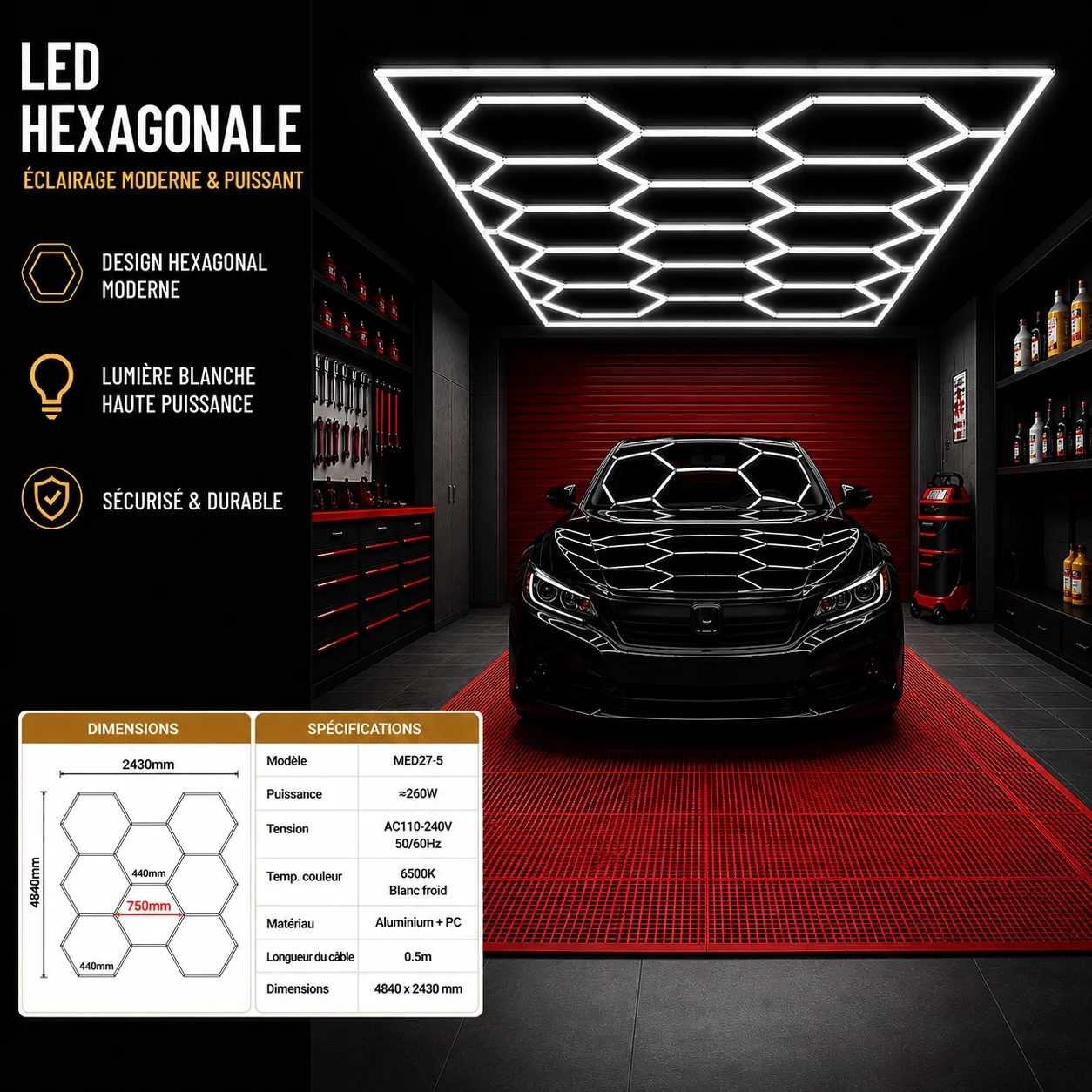 Éclairage LED Hexagonal Professionnel pour Garage & Atelier – Kit 484 × 243 cm