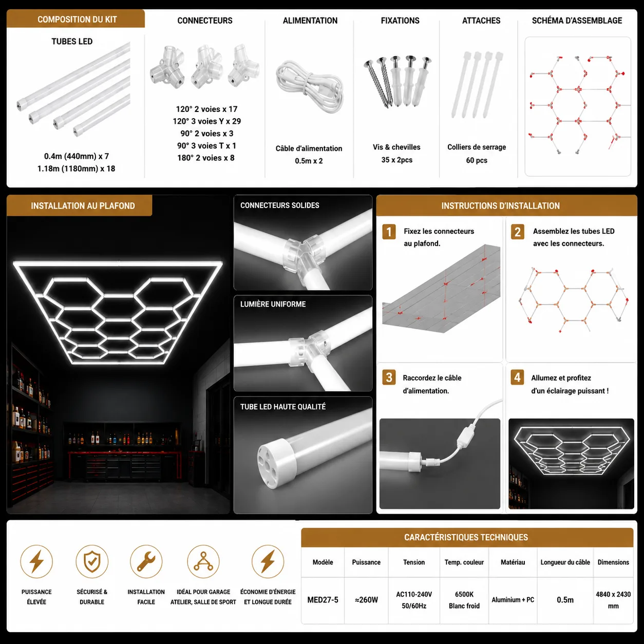 Éclairage LED Hexagonal Professionnel pour Garage & Atelier – Kit 484 × 243 cm