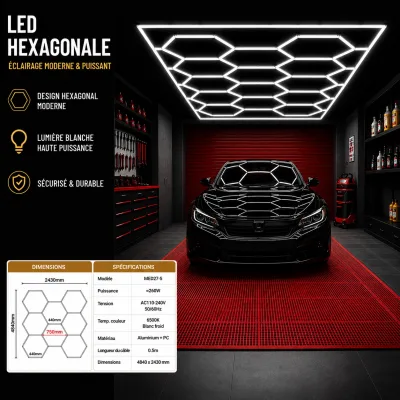 Éclairage LED Hexagonal Professionnel pour Garage & Atelier – Kit 484 × 243 cm | Top Déco Tunisie