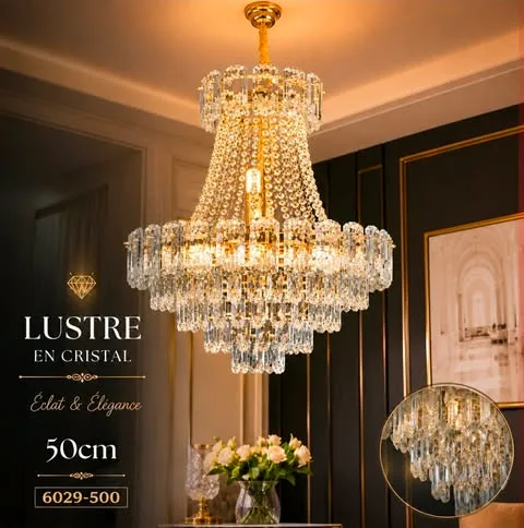Lustre Cristal Doré Prestige 50 cm – Suspension de Luxe