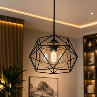 Lustre Suspendu Géométrique Noir avec Verre Ambré | Top Déco Tunisie