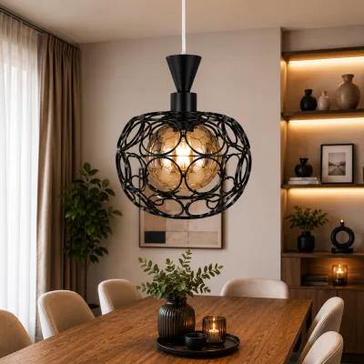 Lustre Suspendu Sphérique Noir – Design Cercles Contemporains | Top Déco Tunisie