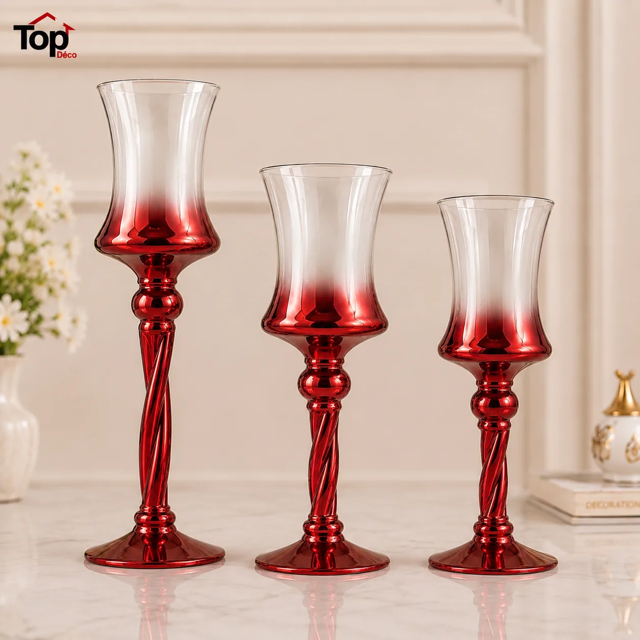 Set de 3 Porte-Bougies Élégance Rouge & Or – Décoration de Luxe