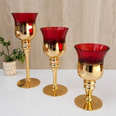 Set de 3 Porte-Bougies Élégance Rouge & Or – Décoration de Luxe | Top Déco Tunisie