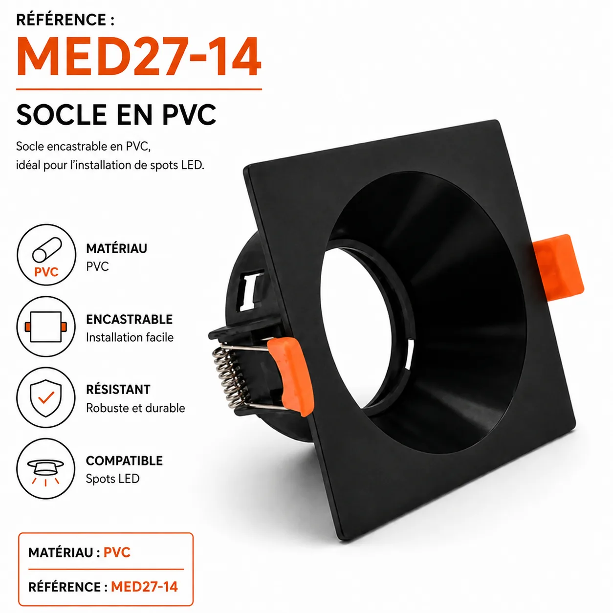 Support Encastrable Carré  en PVC Noir pour Spot LED