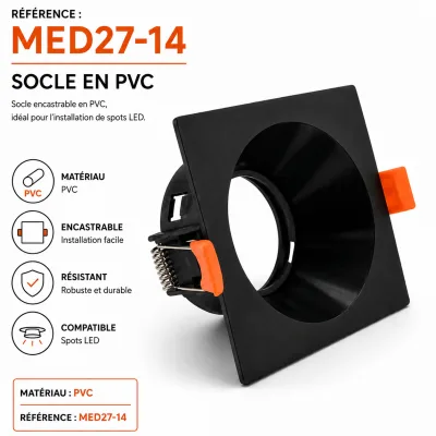 Support Encastrable Carré Orientable en PVC Noir pour Spot LED | Top Déco Tunisie
