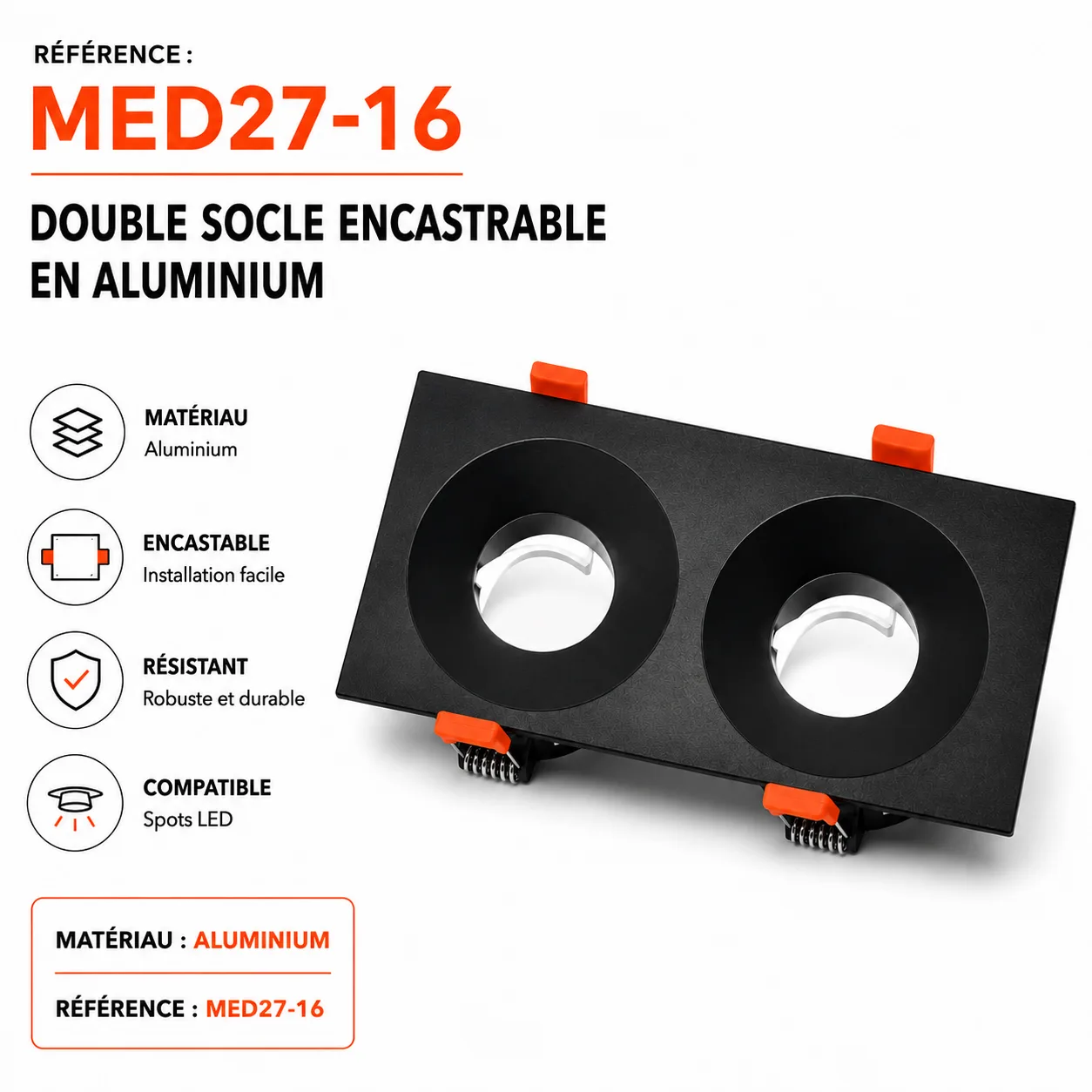 Double Socle Encastrable Fixe en Aluminium pour Spots LED