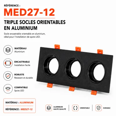 Triple Socle Encastrable Orientable en Aluminium Noir pour Spots LED | Top Déco Tunisie