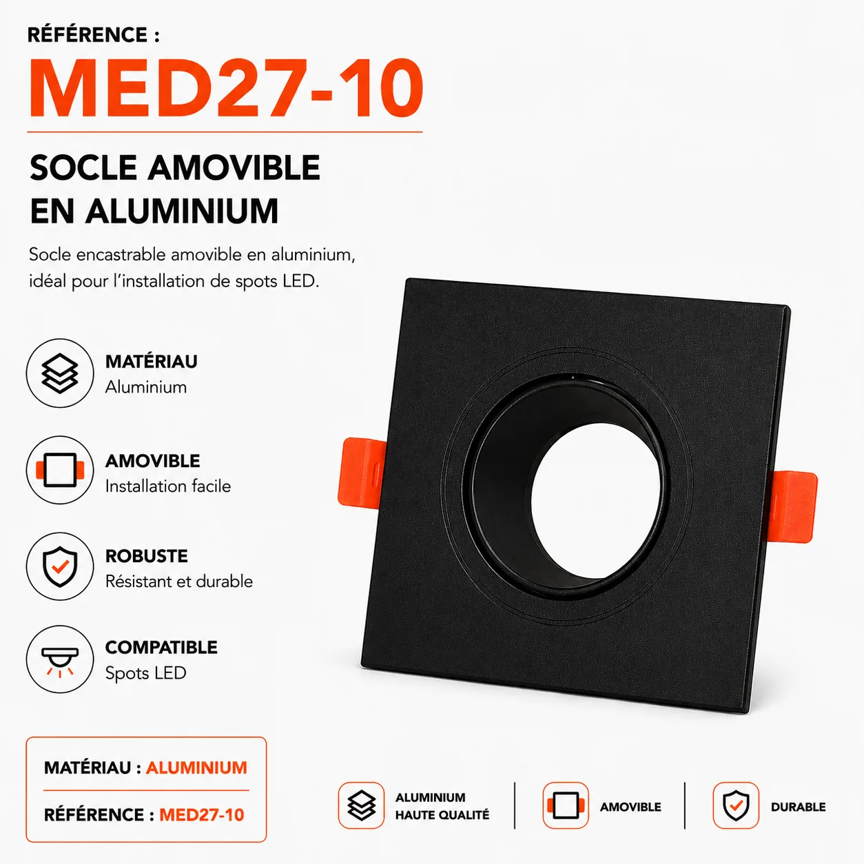 Socle Encastrable Amovible Carré en Aluminium Noir pour Spot LED