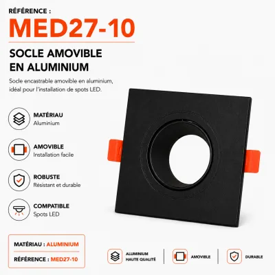 Socle Encastrable Amovible Carré en Aluminium Noir pour Spot LED | Top Déco Tunisie