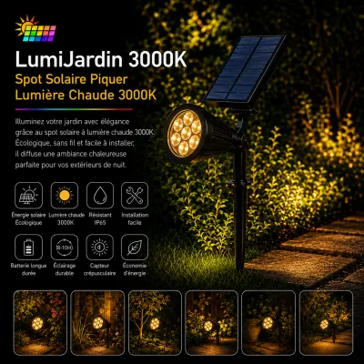 Lampe Solaire LED à Piquer 3000k- Éclairage de Jardin Extérieur IP65 avec Panneau Solaire | Top Déco Tunisie
