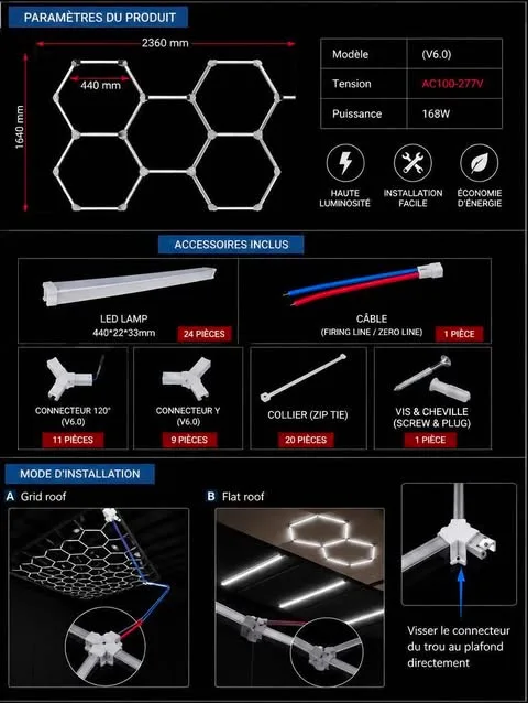 Kit LED Hexagonal 6000K – Éclairage Plafond Modulaire Haute Luminosité pour Garage, Showroom & Atelier