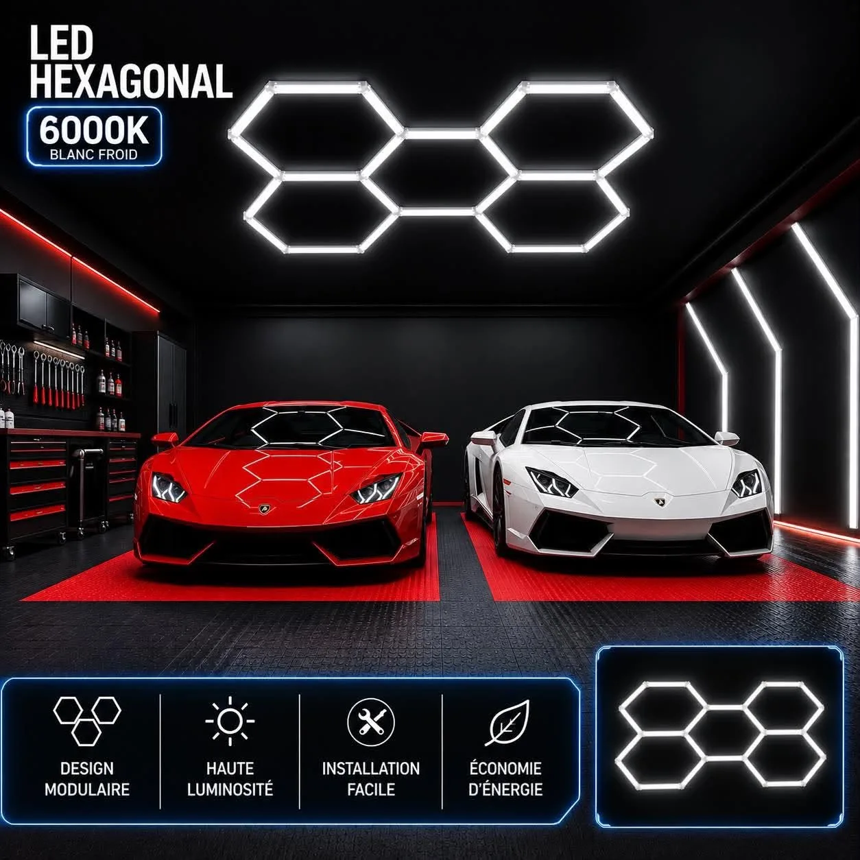 Kit LED Hexagonal 6000K – Éclairage Plafond Modulaire Haute Luminosité pour Garage, Showroom & Atelier