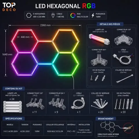 Kit LED Hexagonal RGB 168W – Éclairage Mural Multicolore Design pour Gaming Room, Chambre & Décoration Intérieure