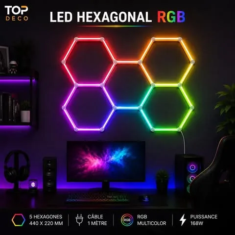 Kit LED Hexagonal RGB 168W – Éclairage Mural Multicolore Design pour Gaming Room, Chambre & Décoration Intérieure