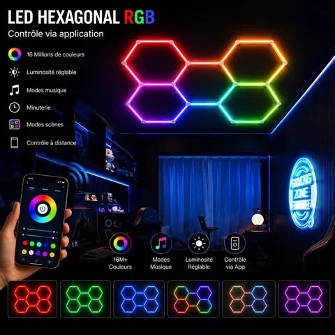 Kit LED Hexagonal RGB Intelligent avec Application – Éclairage Mural Connecté Multicolore 16 Millions de Couleurs