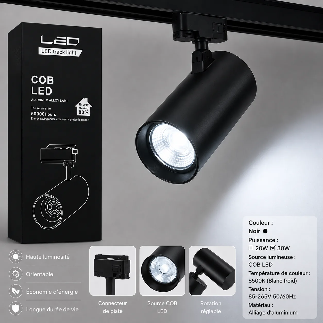 Projecteur LED sur Rail COB 30W 6500K Noir