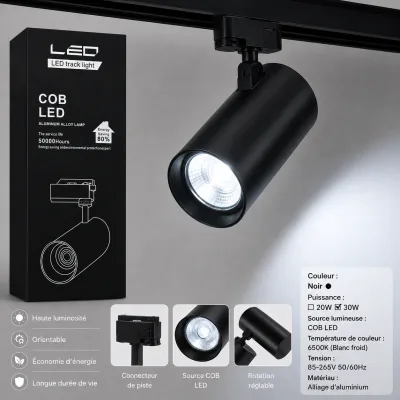 Projecteur LED sur Rail COB 30W 6500K Noir | Top Déco Tunisie
