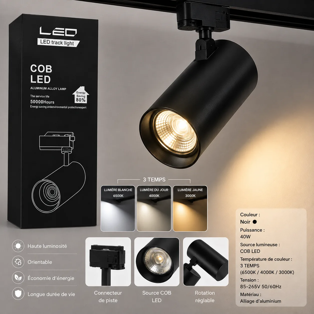 Projecteur LED sur Rail COB 40W 3 Temps Noir