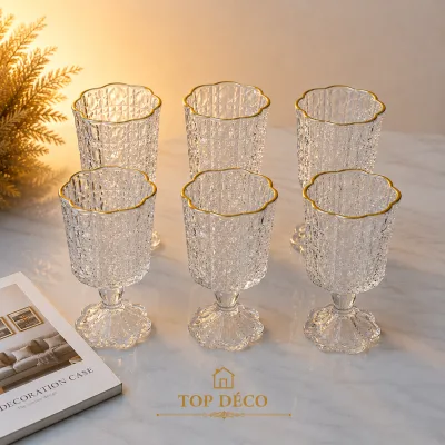 Set de 6 Coupes à Pied en Verre Transparent avec Bordure Dorée | Top Déco Tunisie