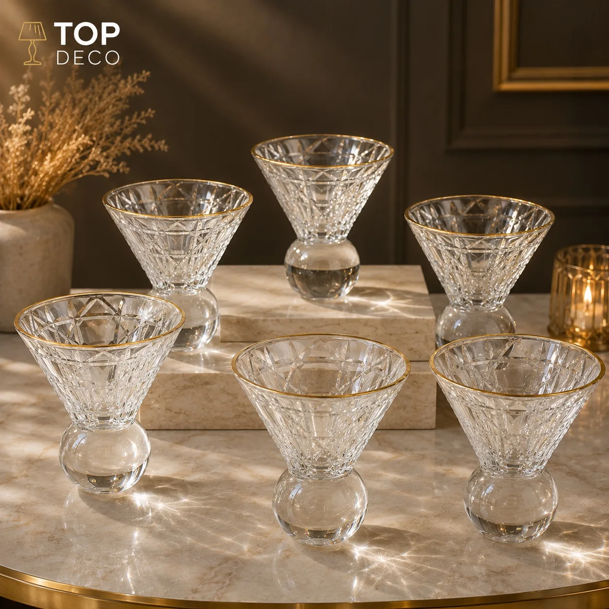Set de 6 Coupes en Verre Cristallin à Pied Boule – Bordure Dorée