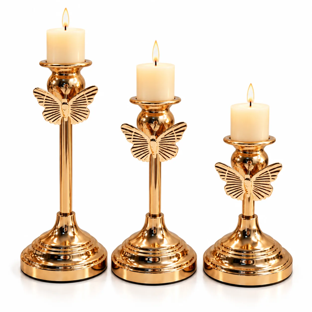 Set de 3 Bougeoirs Dorés avec Papillon – Porte-Bougies Décoratifs Élégants