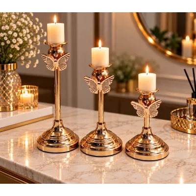 Set de 3 Bougeoirs Dorés avec Papillon – Porte-Bougies Décoratifs Élégants | Top Déco Tunisie