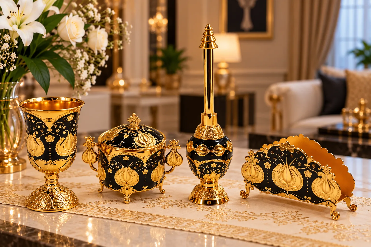 Set Décoratif Oriental 4 Pièces Noir & Doré