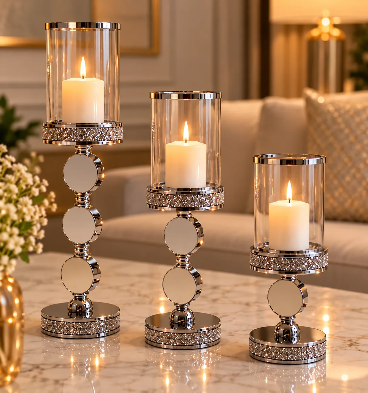 Set de 3 Bougeoirs Argentés avec Cylindre en Verre – Porte-Bougies Décoratifs Élégants