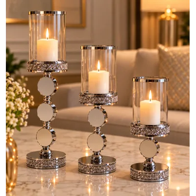 Set de 3 Bougeoirs Argentés avec Cylindre en Verre – Porte-Bougies Décoratifs Élégants | Top Déco Tunisie