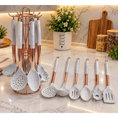 Set d’Ustensiles de Cuisine en Silicone Effet Marbre Blanc avec Support – 7 Pièces | Top Déco Tunisie
