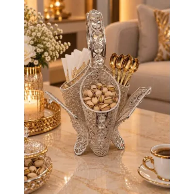 Présentoir Multifonction Argenté avec Compartiments – Porte-Couverts, Serviettes & Fruits Secs | Top Déco Tunisie