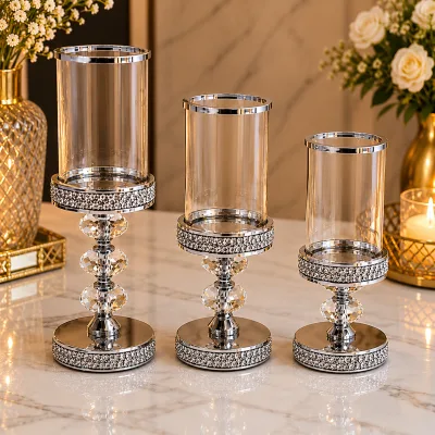 Set de 3 Porte-Bougies en Verre & Cristal – Design Argenté Élégant | Top Déco Tunisie