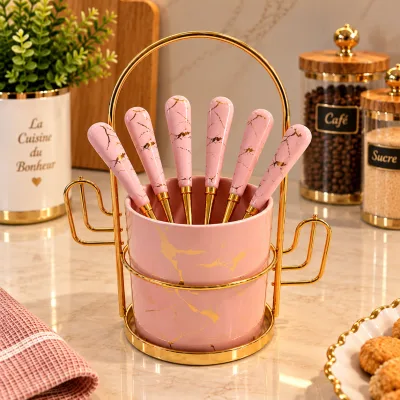 Set de 6 Cuillères à Café avec Support – Rose Marbré & Doré | Top Déco Tunisie