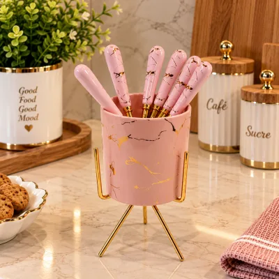 Set de 6 Cuillères à Café avec Support – Rose Marbré & Doré | Top Déco Tunisie