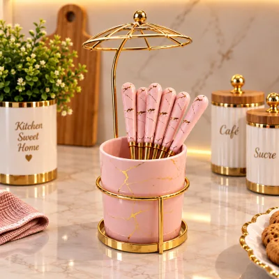 Set de 6 Cuillères à Café avec Support – Rose Marbré & Doré | Top Déco Tunisie