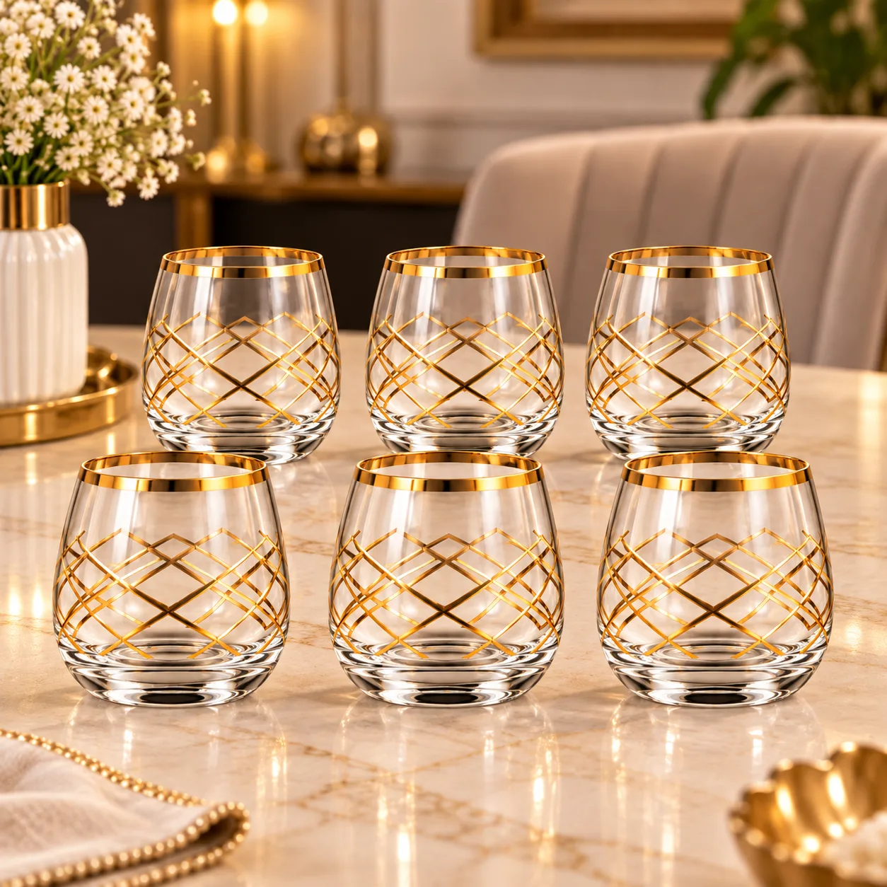 Set de 6 Coupes Mokka Kristal en Verre – Motif Doré Élégant