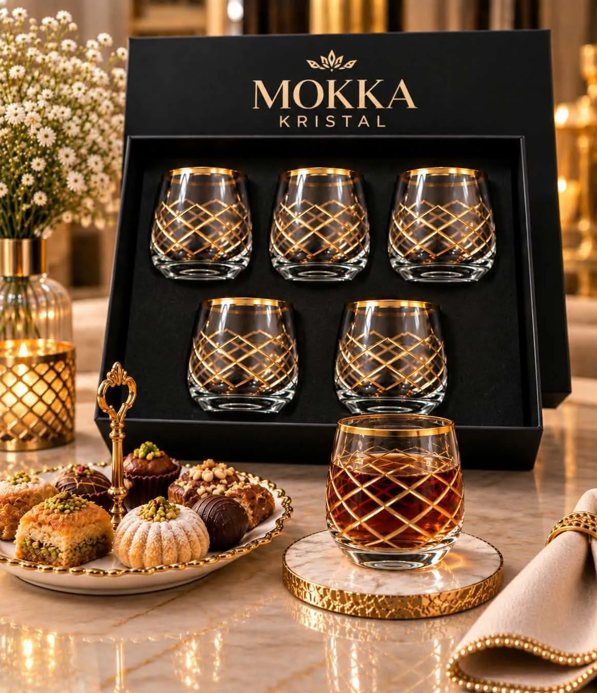 Set de 6 Coupes Mokka Kristal en Verre – Motif Doré Élégant