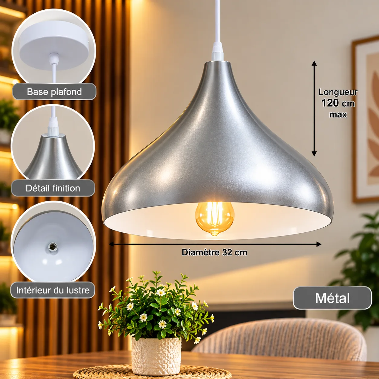 Lustre Suspendu Argent en Métal – Forme Goutte 32 cm
