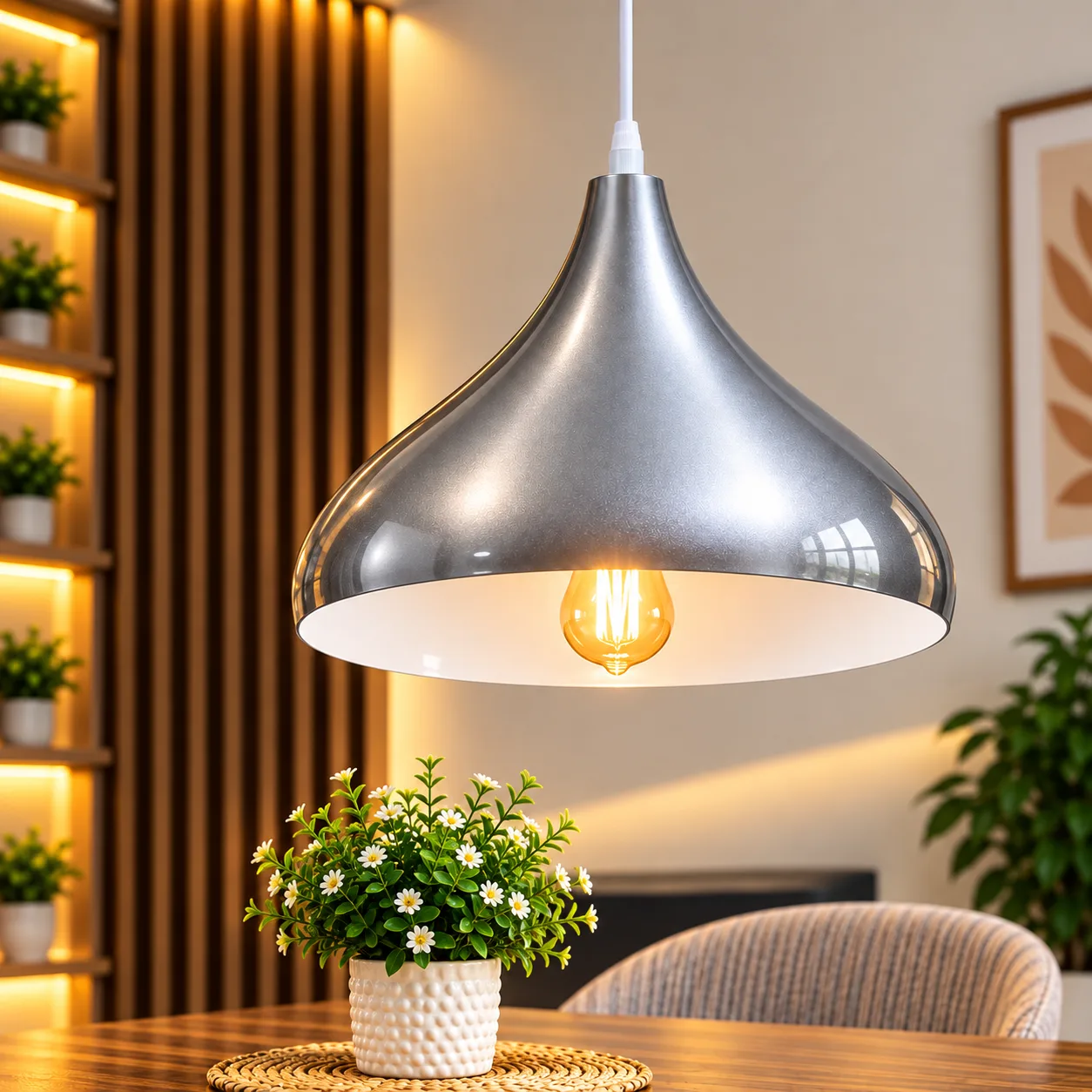 Lustre Suspendu Argent en Métal – Forme Goutte 32 cm