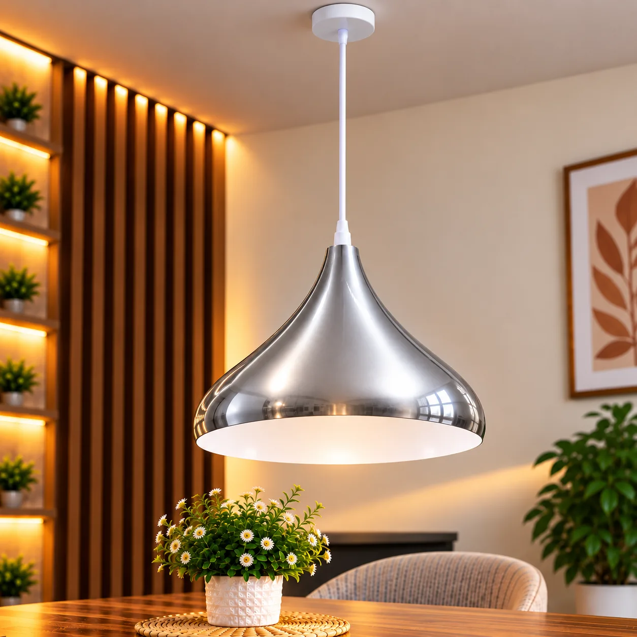 Lustre Suspendu Argent en Métal – Forme Goutte 32 cm