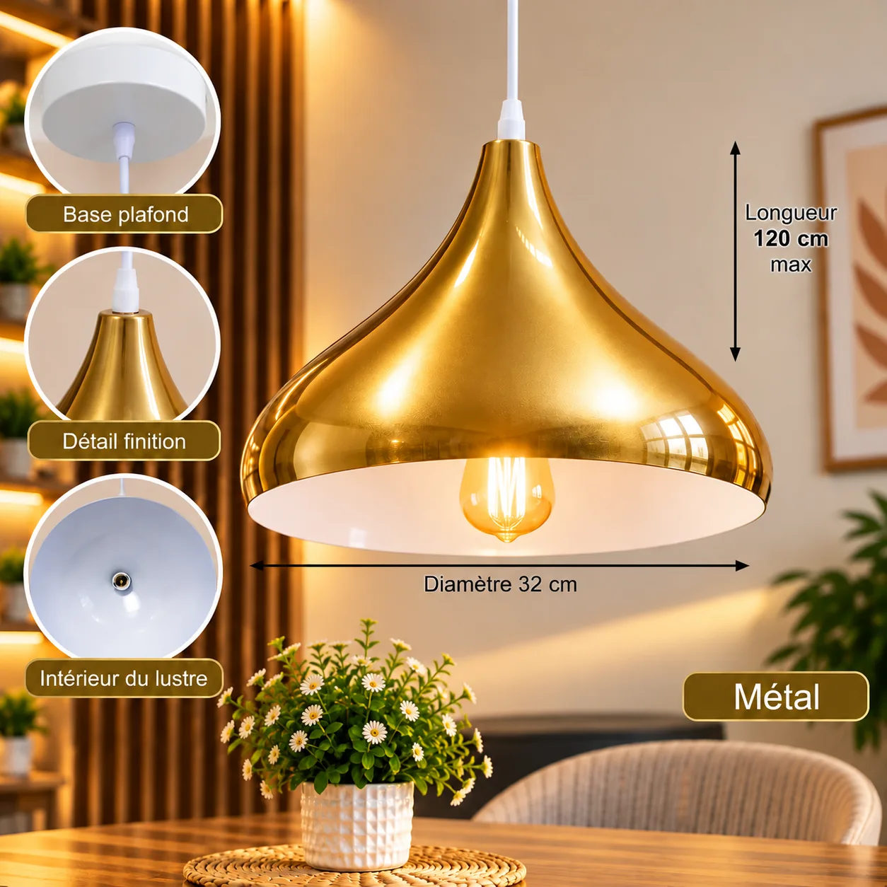 Lustre Suspendu Doré en Métal – Forme Goutte 32 cm