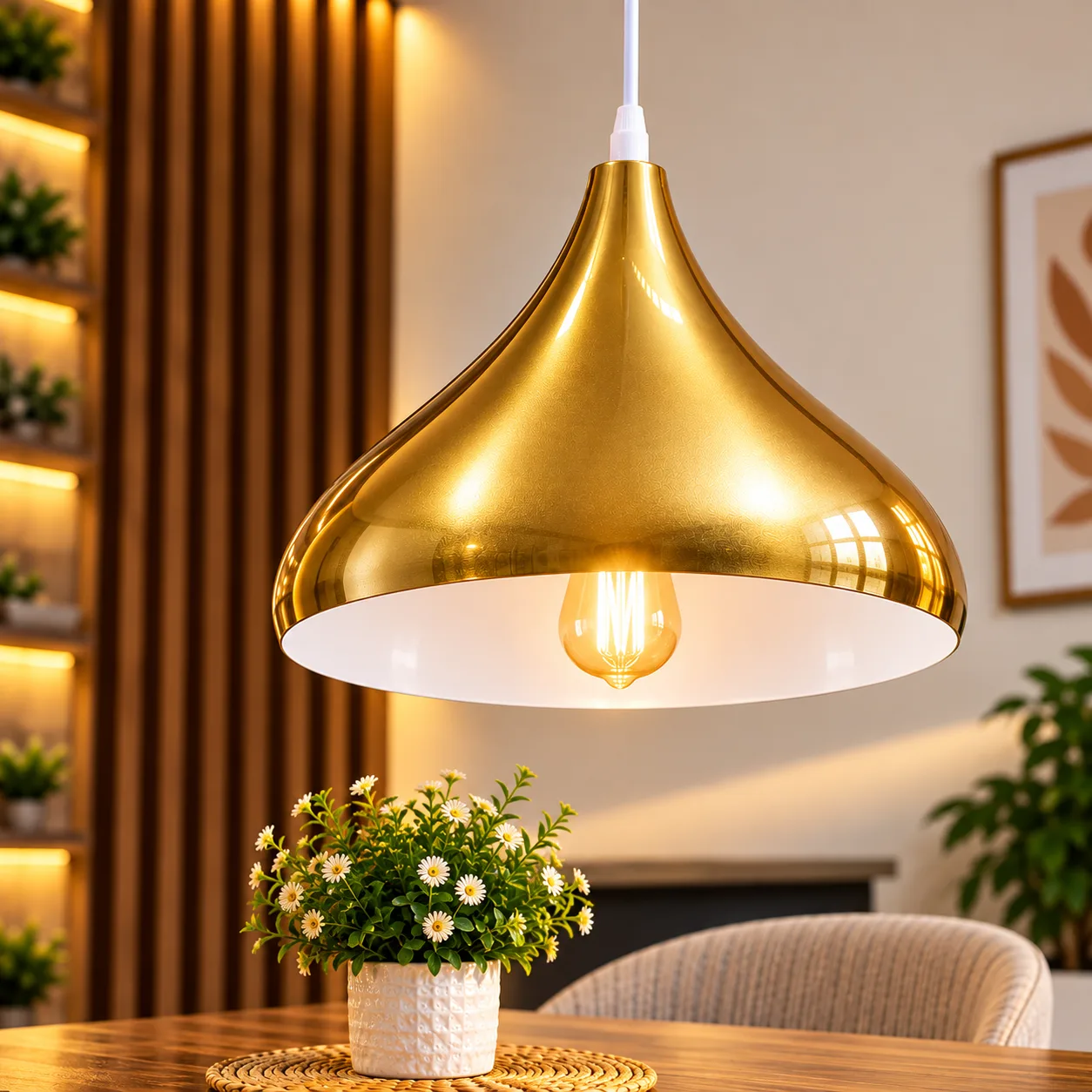 Lustre Suspendu Doré en Métal – Forme Goutte 32 cm