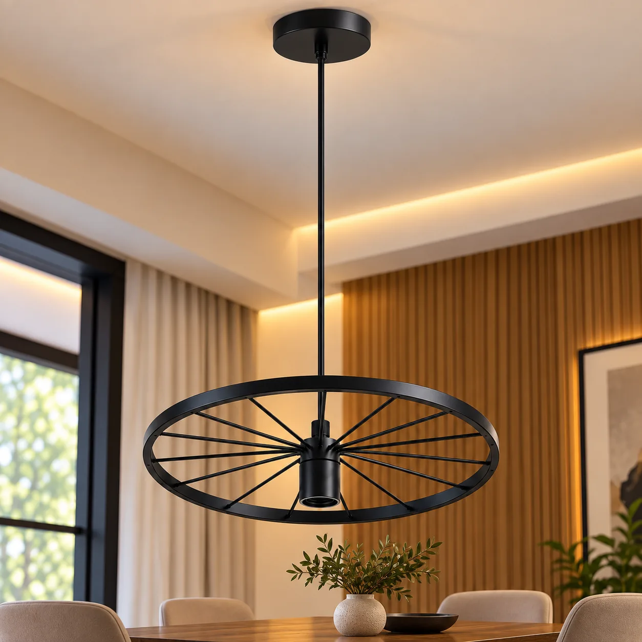 Lustre Suspendu Roue Noir en Métal – Design Industriel