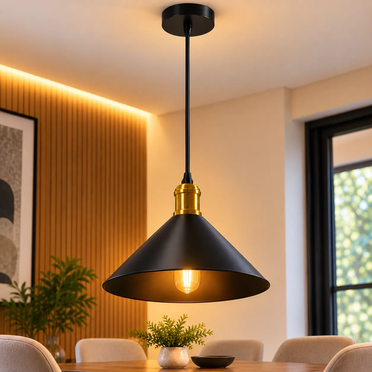 Lustre Suspendu Conique Noir en Métal – Design Moderne