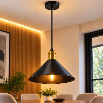 Lustre Suspendu Conique Noir en Métal – Design Moderne | Top Déco Tunisie